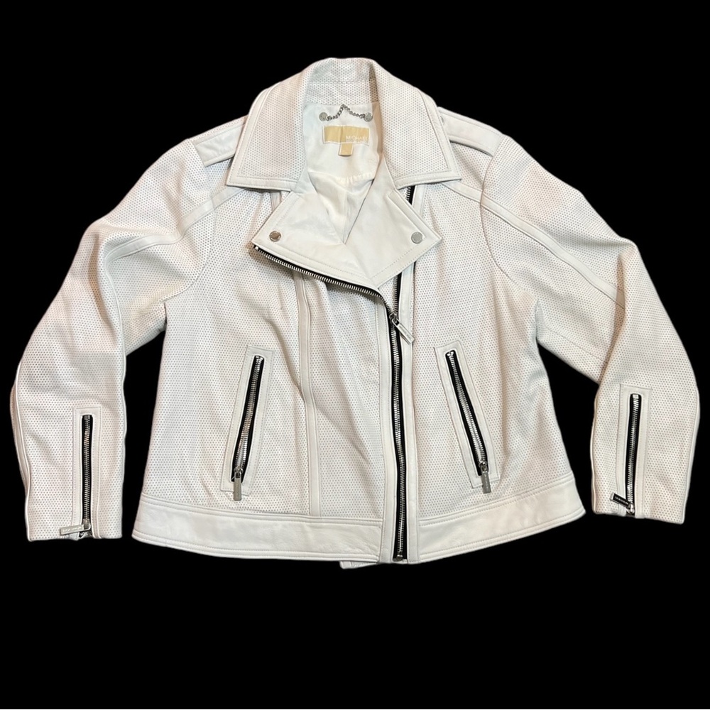 Michael Kors Women's White Perforated Leather Moto Jacket Size XL